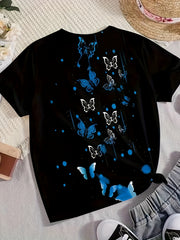 Rose Heart Butterfly Print Short Sleeve T-shirt Girls Summer Sports Clothes