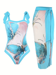 Butterfly Print One Piece Swimsuit & Cover Up Skirt