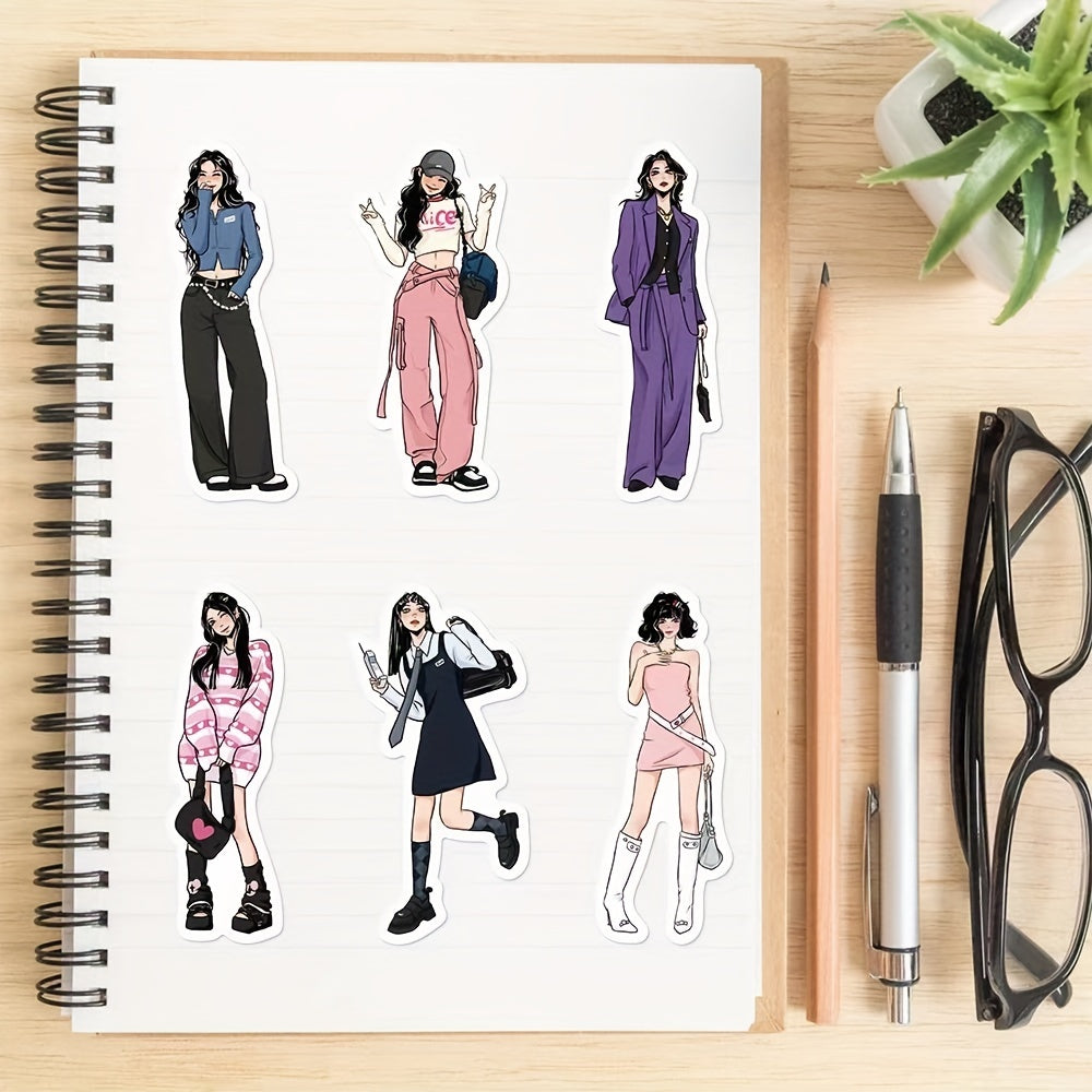 65pcs Girl Outfit Sticker Modern Girl Wear Doodle Waterproof Sticker