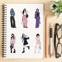 65pcs Girl Outfit Sticker Modern Girl Wear Doodle Waterproof Sticker