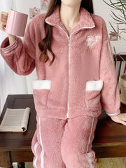 Heart Print Fuzzy Lounge Set Zipper Top & Pants