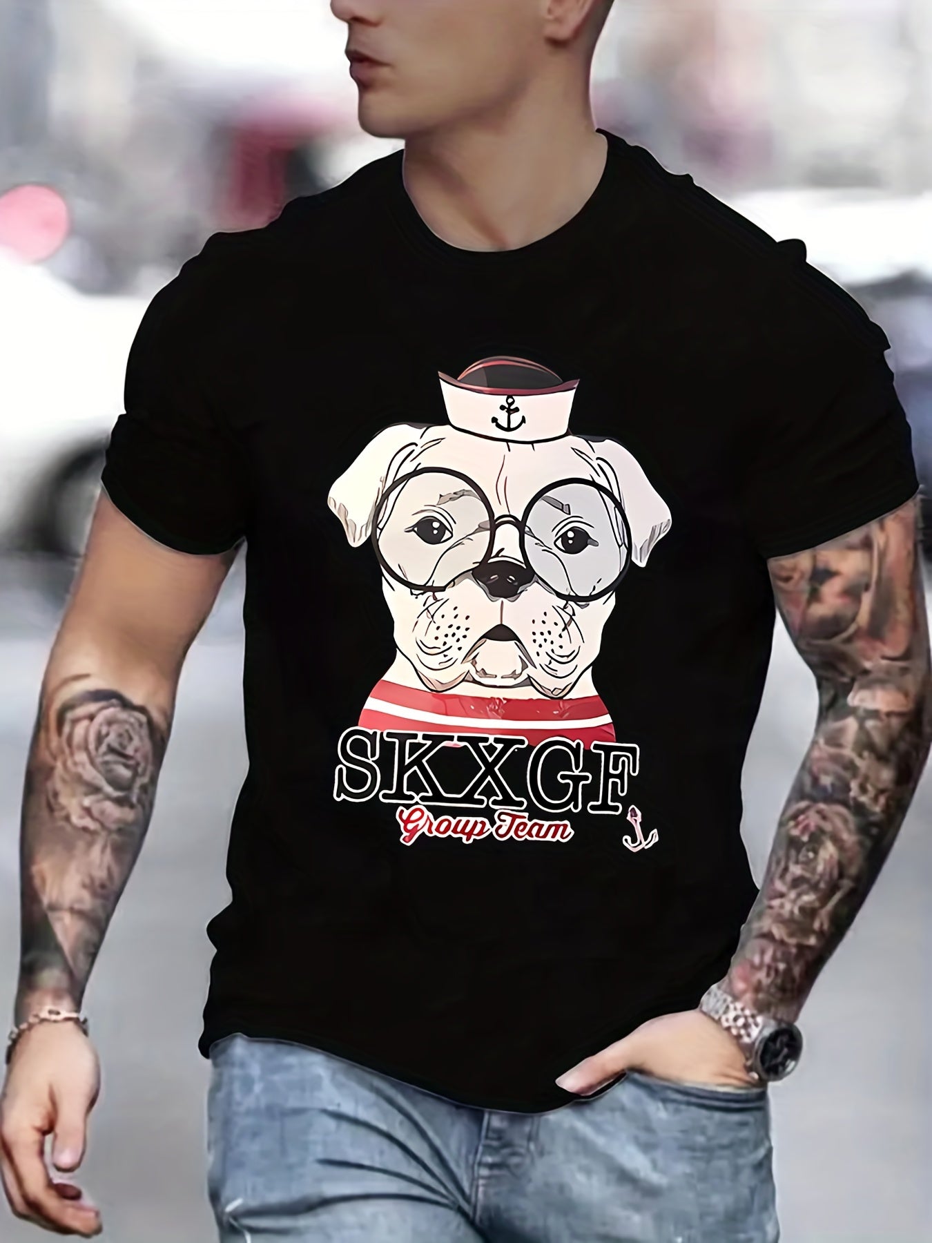 Men's Cartoon Dog Print T shirt Active Slightly Stretch Tee