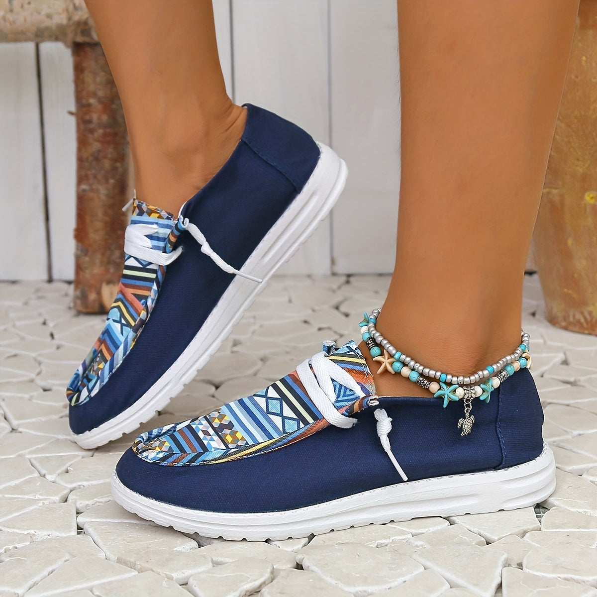 Geometric Pattern Canvas Shoes Lace Up Lightweight Outdoor Walking Shoes