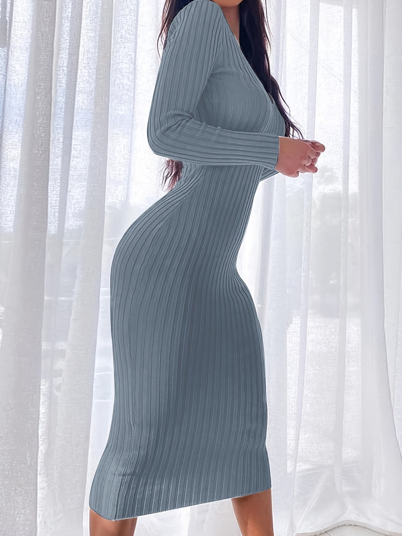 Solid Ribbed Long Sleeve V Neck Stretch Midi Dress