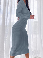 Solid Ribbed Long Sleeve V Neck Stretch Midi Dress