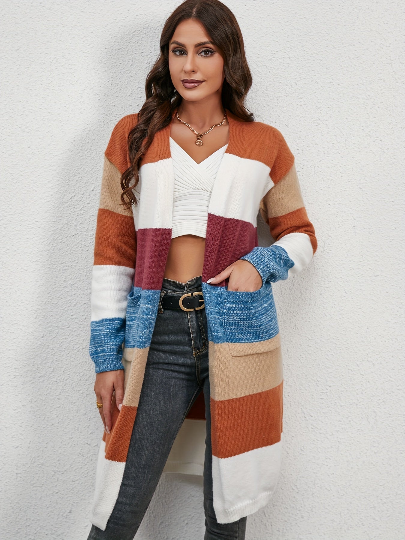 Colorblock Long Sleeve Open Front Cardigan