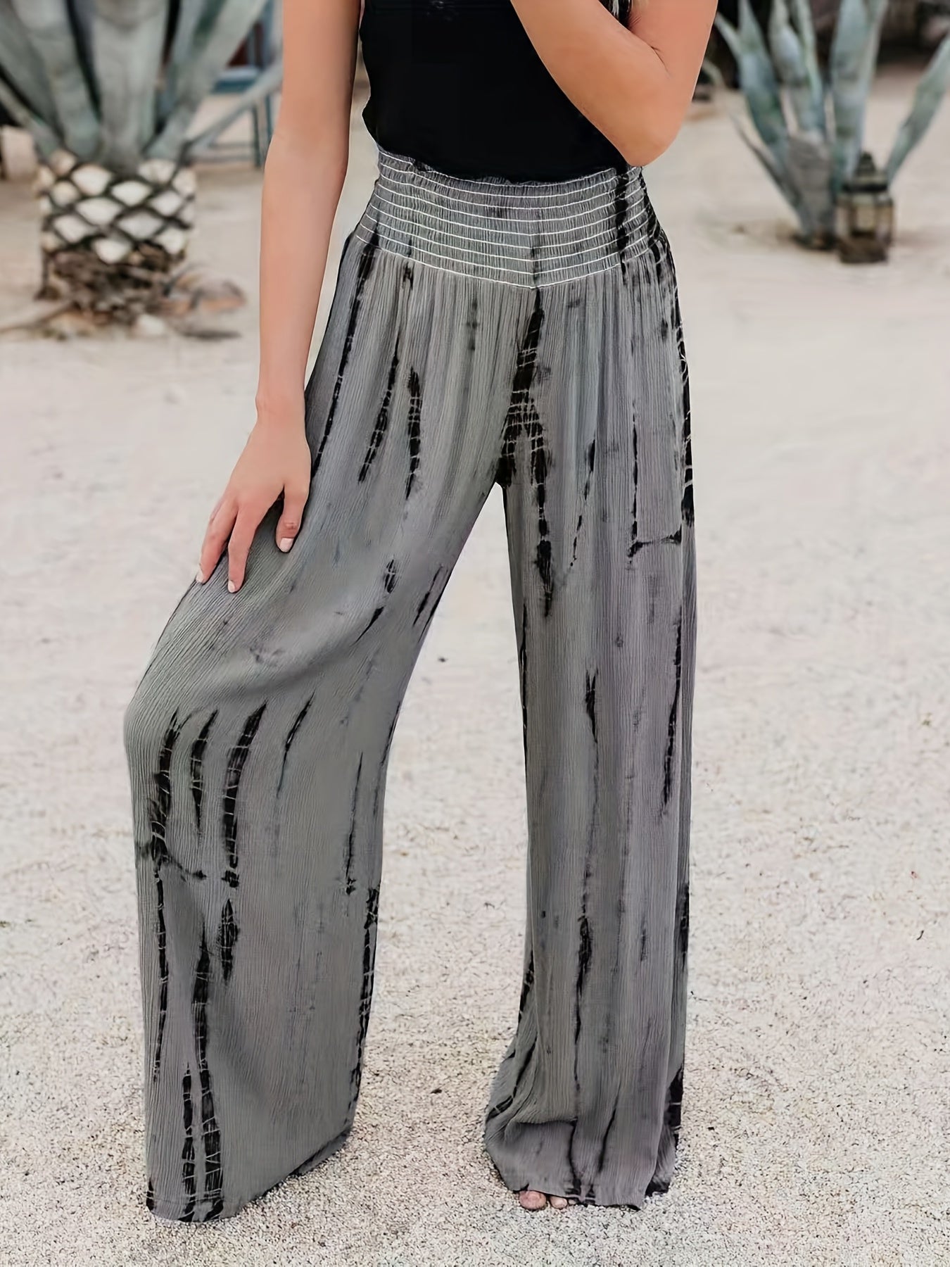 Tie Dye Wide Leg Pants Casual Shirred Waist Pants