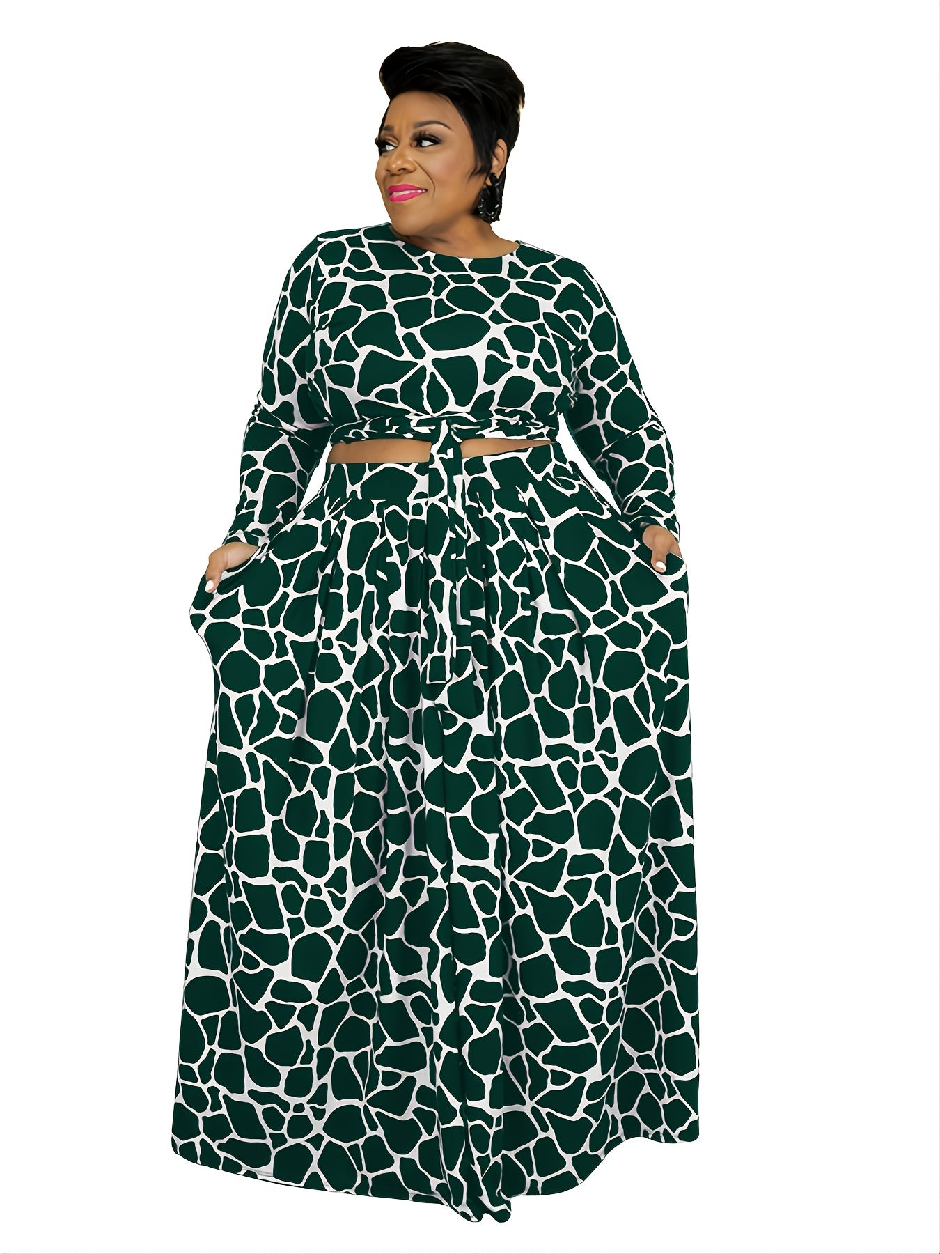 Women's Graphic Print Crop Top & Wide Leg Pants 2pcs Set