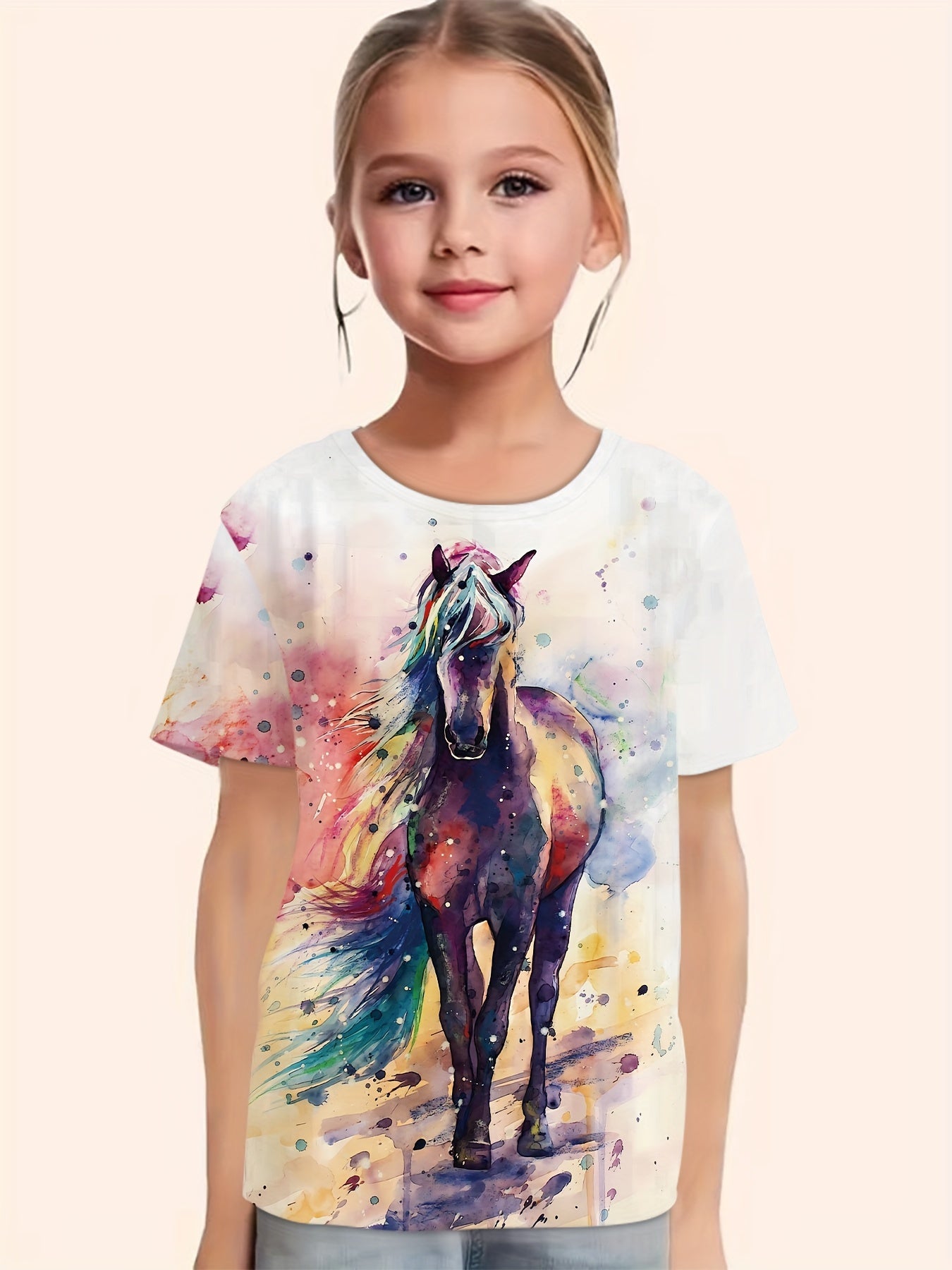 Girls Horse Graphic Tie Dye T-shirt - Summer Clothes Gift