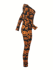 Pumpkin Print Lounge Romper Long Sleeve V Neck Buttons Romper