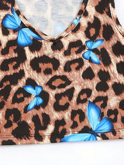 Leopard & Butterfly Print Tank Top V Neck Sleeveless Top