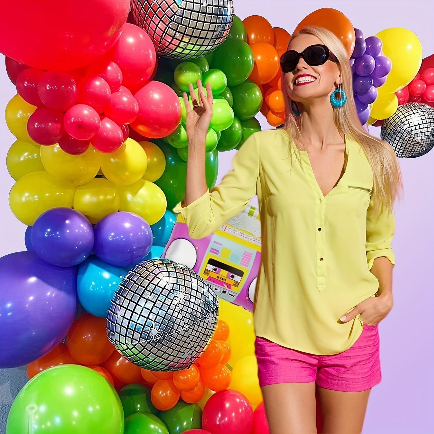 113pcs Disco 4D Aluminum Film Balloon Garland Set Purple Green Orange