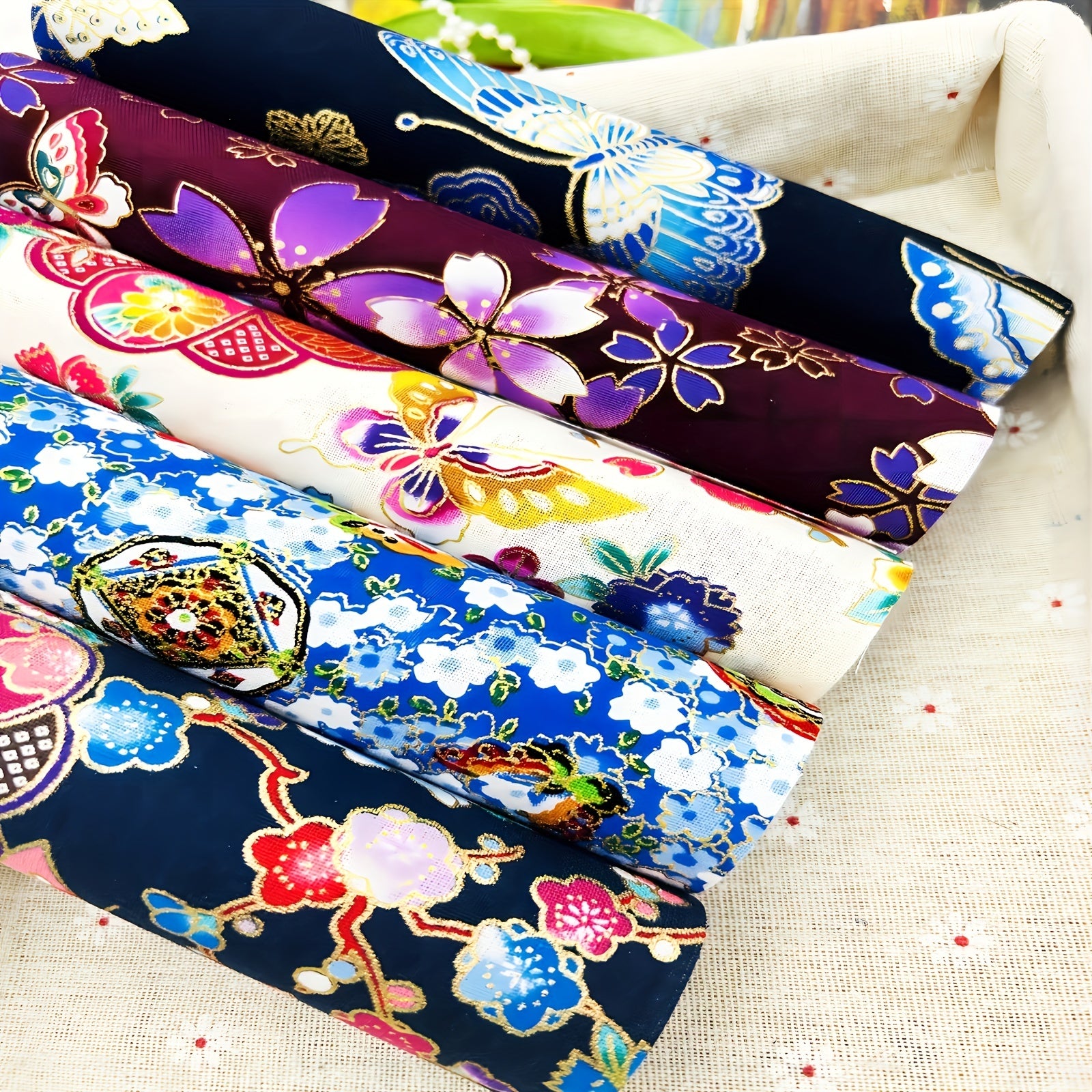5pcs Japanese Style Bronzing Butterfly Flower Cotton Quilting Fabric