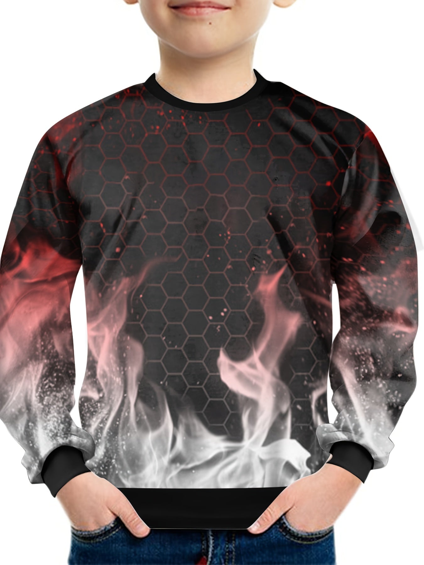 Teens Flame Geo 3D Print Sweatshirt Kids Casual Pullover Street Wear