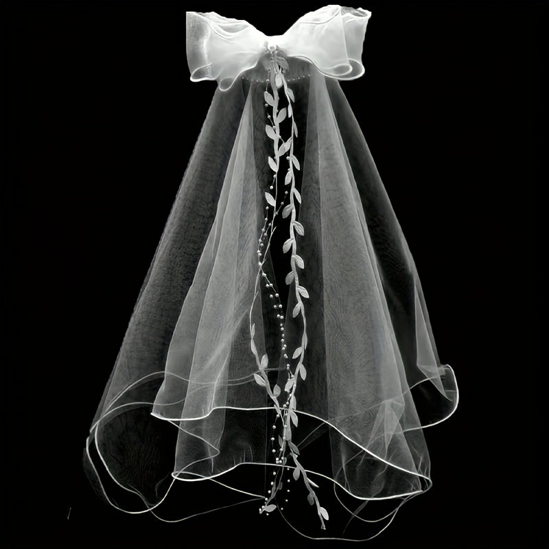 Bow Bridal Veil Tassel Leaf Pattern Double Layer Mesh Headpiece
