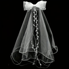 Bow Bridal Veil Tassel Leaf Pattern Double Layer Mesh Headpiece