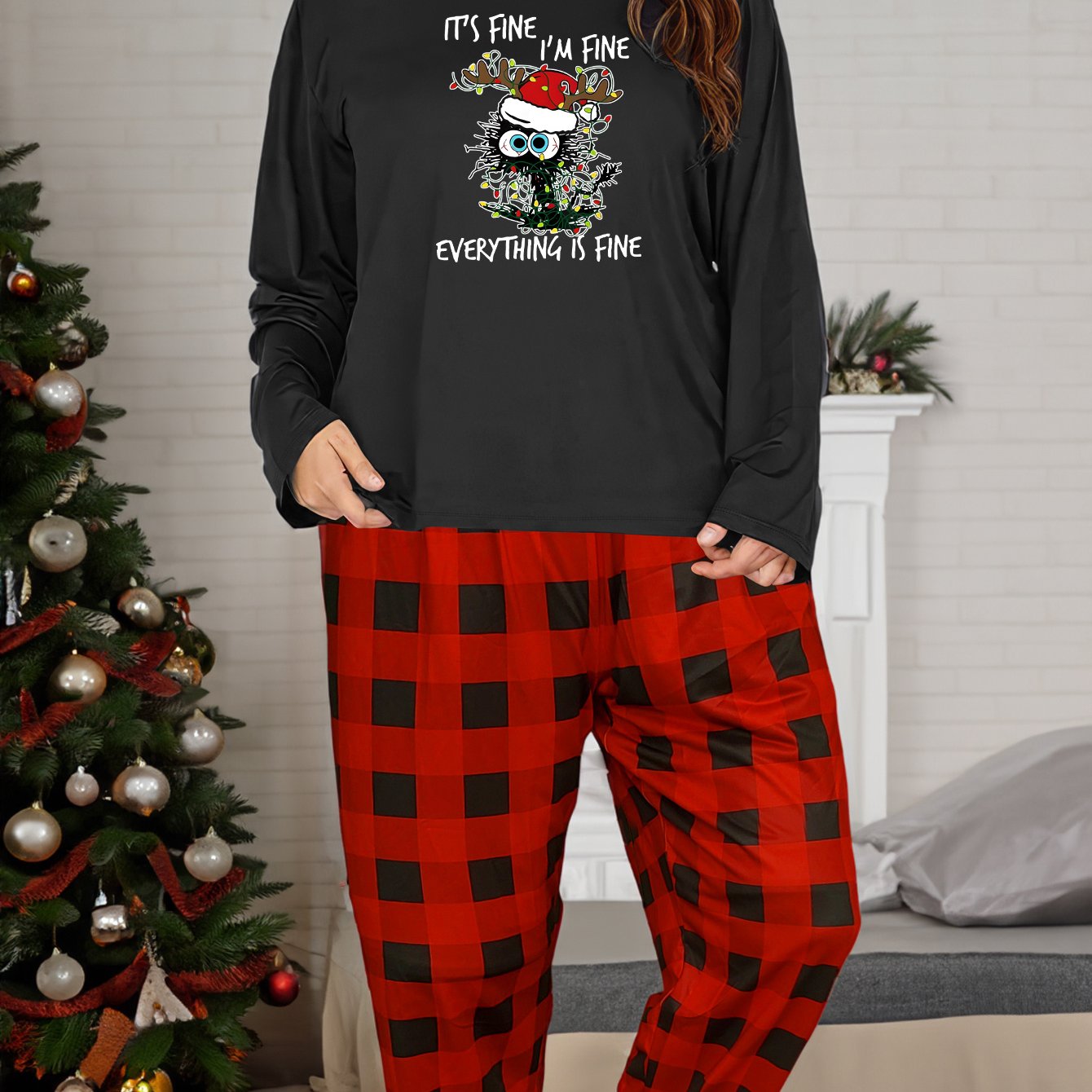 Christmas Lounge Set Women's Plus Colorful Lights & Monster Print Tee
