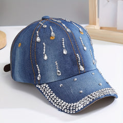 Distressed Denim Rhinestone Baseball Cap Adjustable Sun Hat