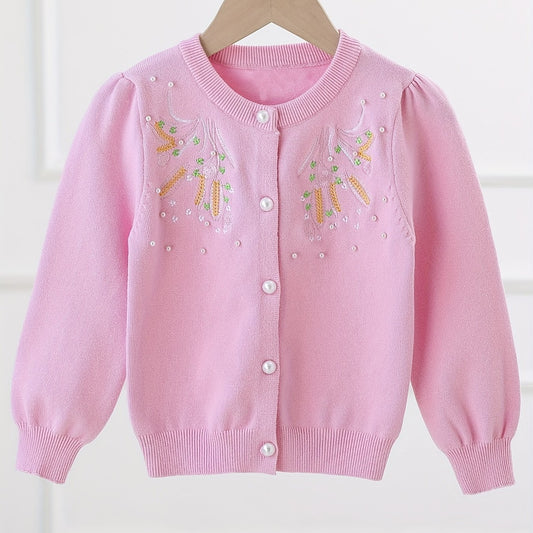 Girls' Floral Embroidered Knit Sweater Cardigan