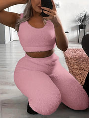 Fuzzy Lounge Set Warm Tank Crop Top & Elastic Waistband Pants