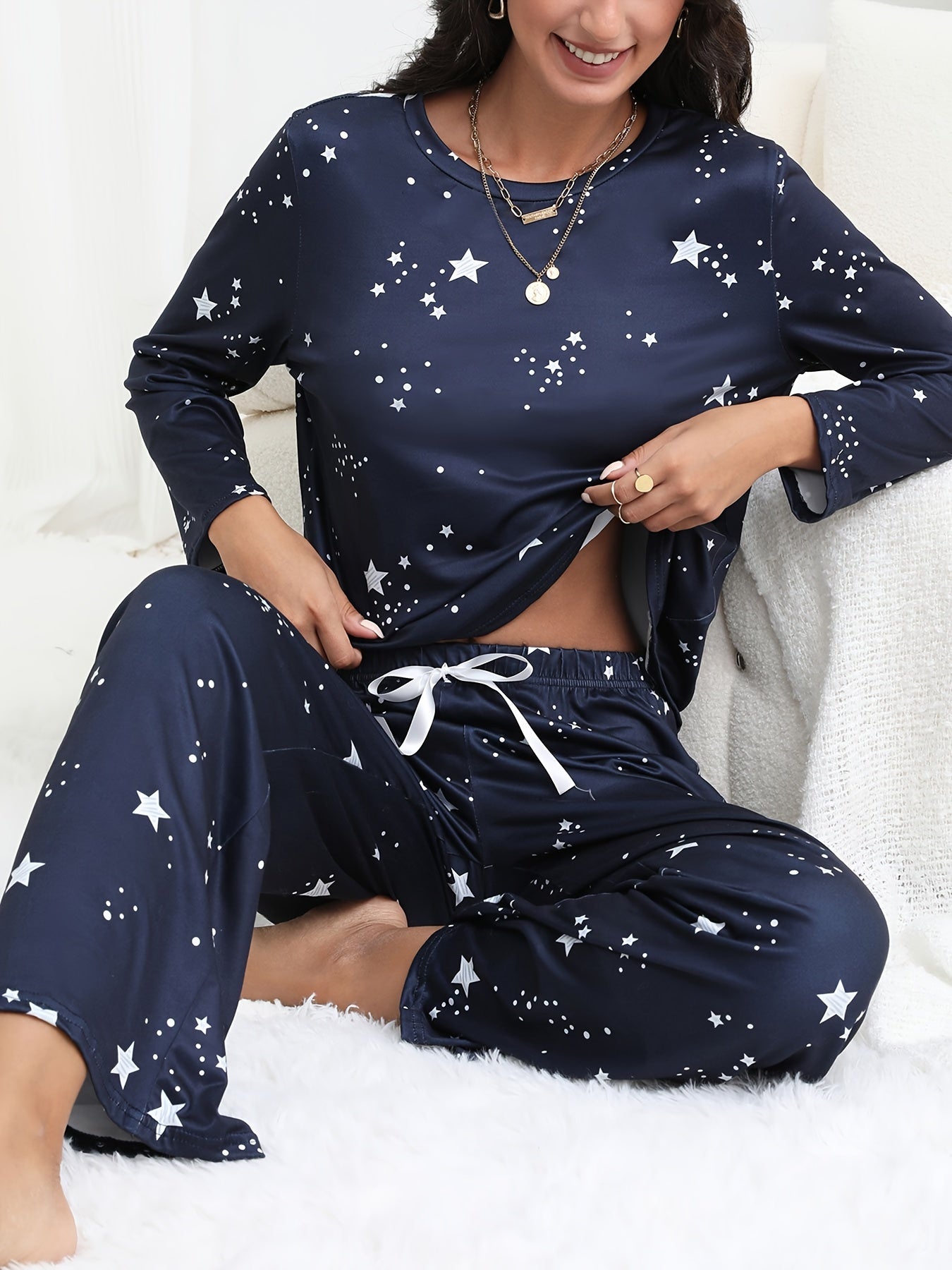 Starry Print Pajama Set Long Sleeve Crew Neck Top & Pants Sleepwear