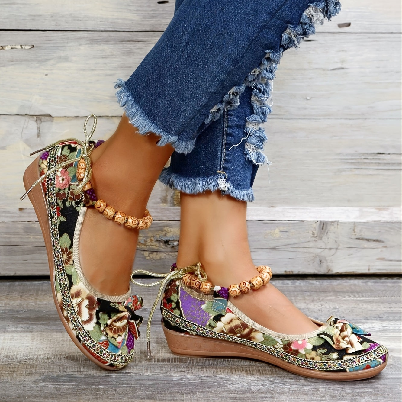 Floral Print Flat Shoes Ankle Strap Slip On Casual Walking Shoes