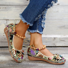 Floral Print Flat Shoes Ankle Strap Slip On Casual Walking Shoes