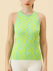 Striped Print Tank Top Round Neck Quick Drying Sleeveless Sporty Top
