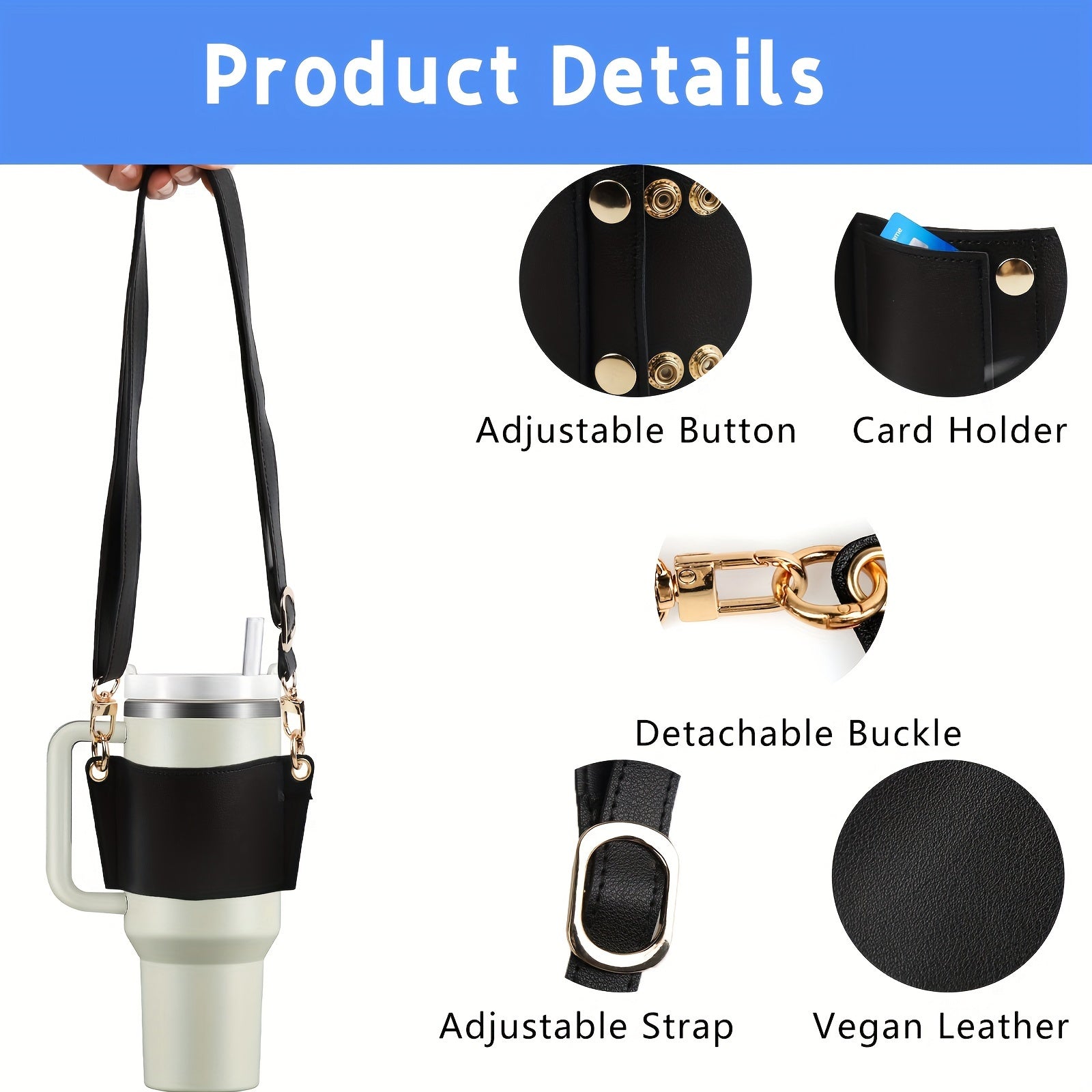 Adjustable PU Leather Cup Sleeve with Strap for Tumbler Cups