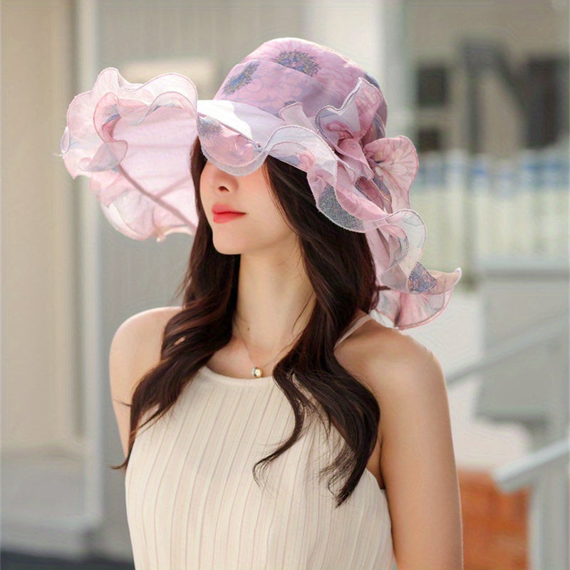 Flower Print Sun Hat UV Protection Bucket Hats Mesh Breathable Travel Beach