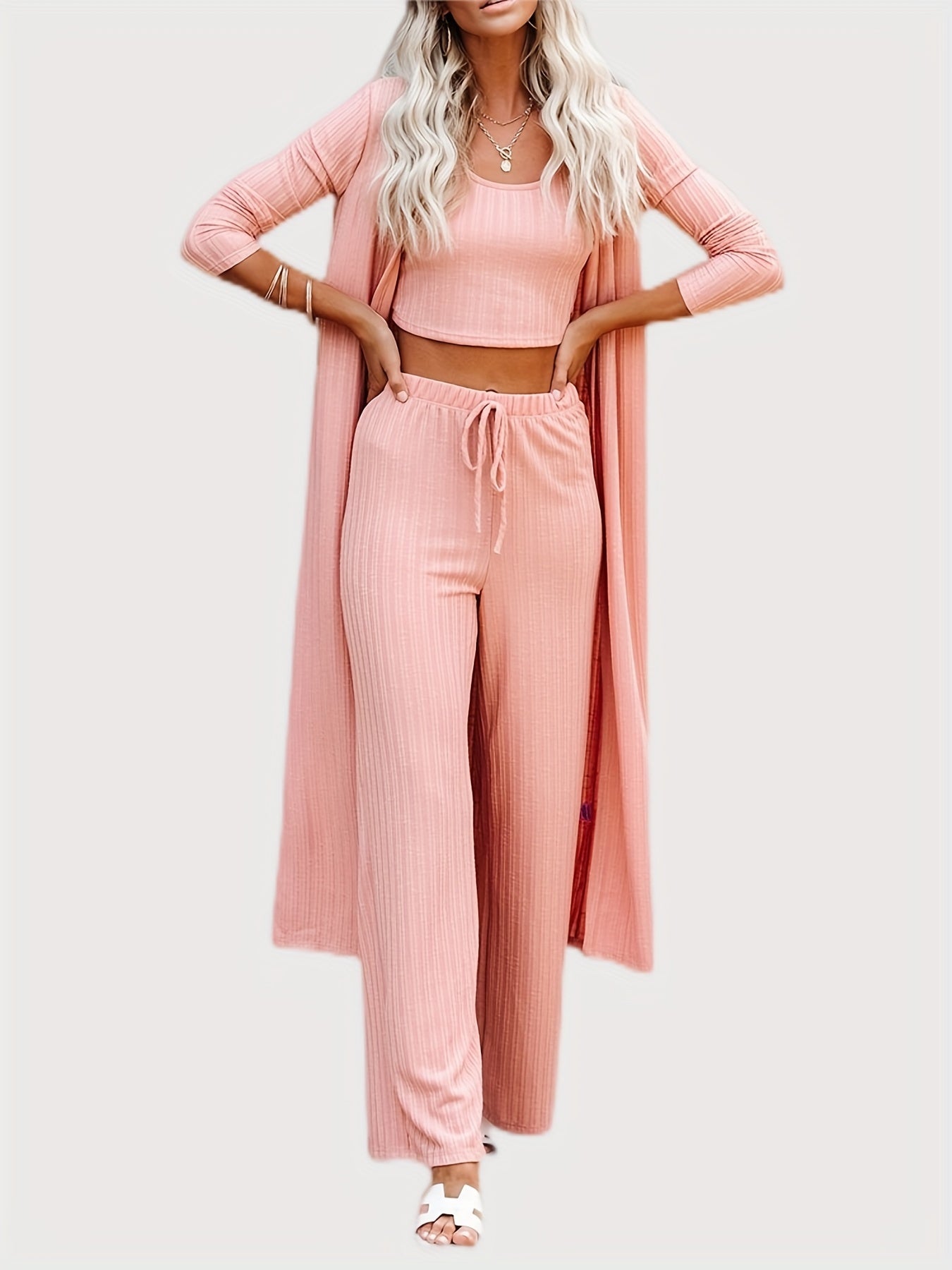 Solid Ribbed Lounge Set Long Sleeve Robe & Crew Neck Tank Top & Lace Up Pants