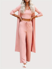 Solid Ribbed Lounge Set Long Sleeve Robe & Crew Neck Tank Top & Lace Up Pants