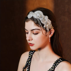 Faux Pearl Bridal Headdress with Tassel Rhinestone Head Jewelry