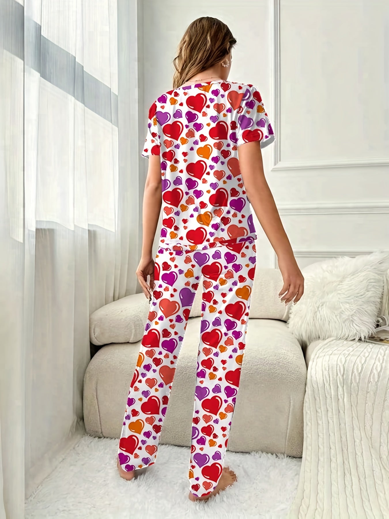 Heart Print Pajama Set Short Sleeve Top & Lounge Pants Women's Sleepwear