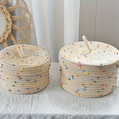 Circular Storage Basket With Lid Beige Cotton Thread Woven Basket