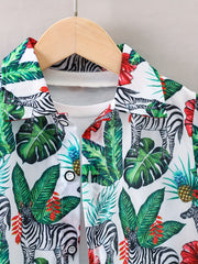 Hawaii Tropical Leaf And Animals Print Boys Shirt