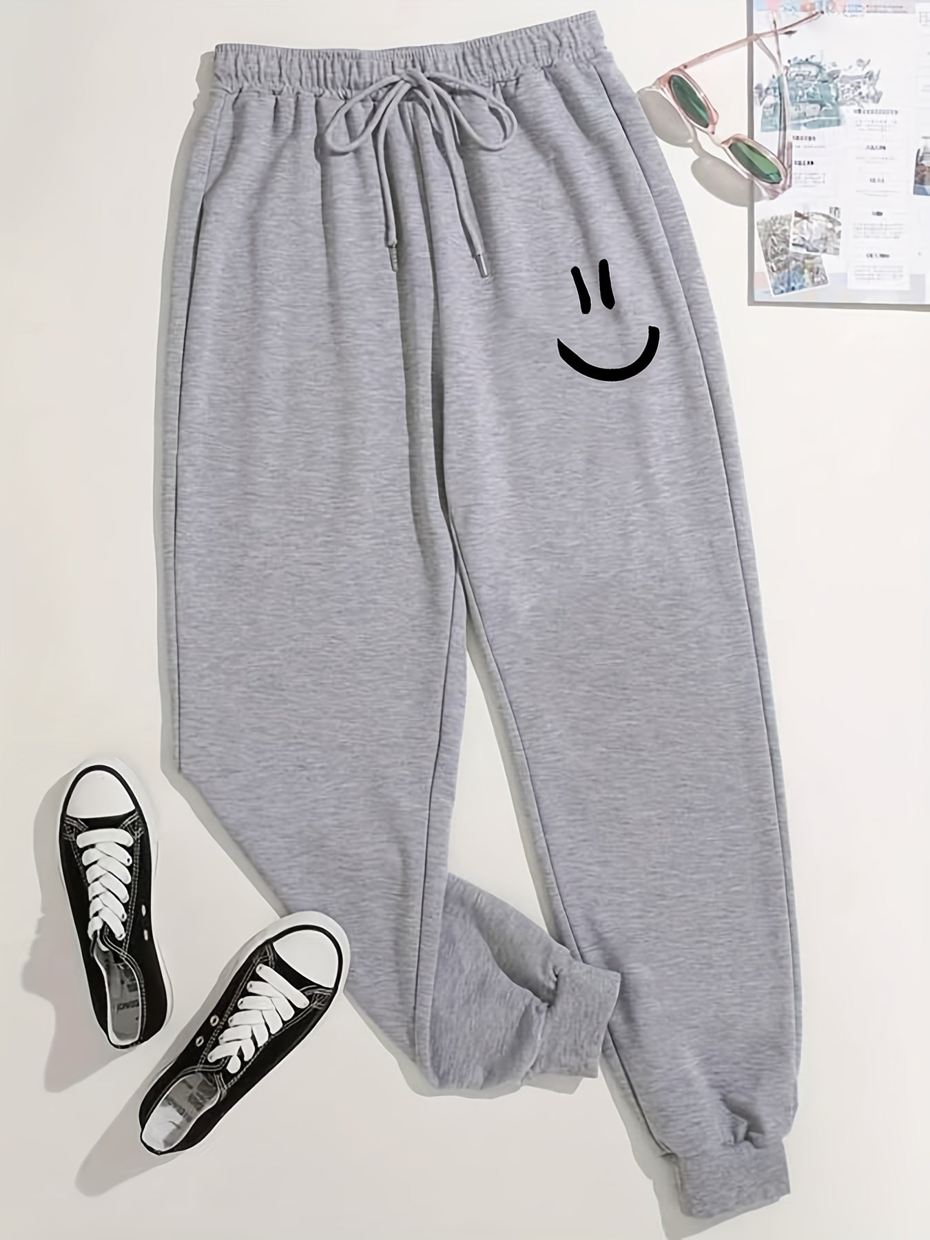 Smile Graphic Print Drawstring Jogger Sweatpants Women's Clothing