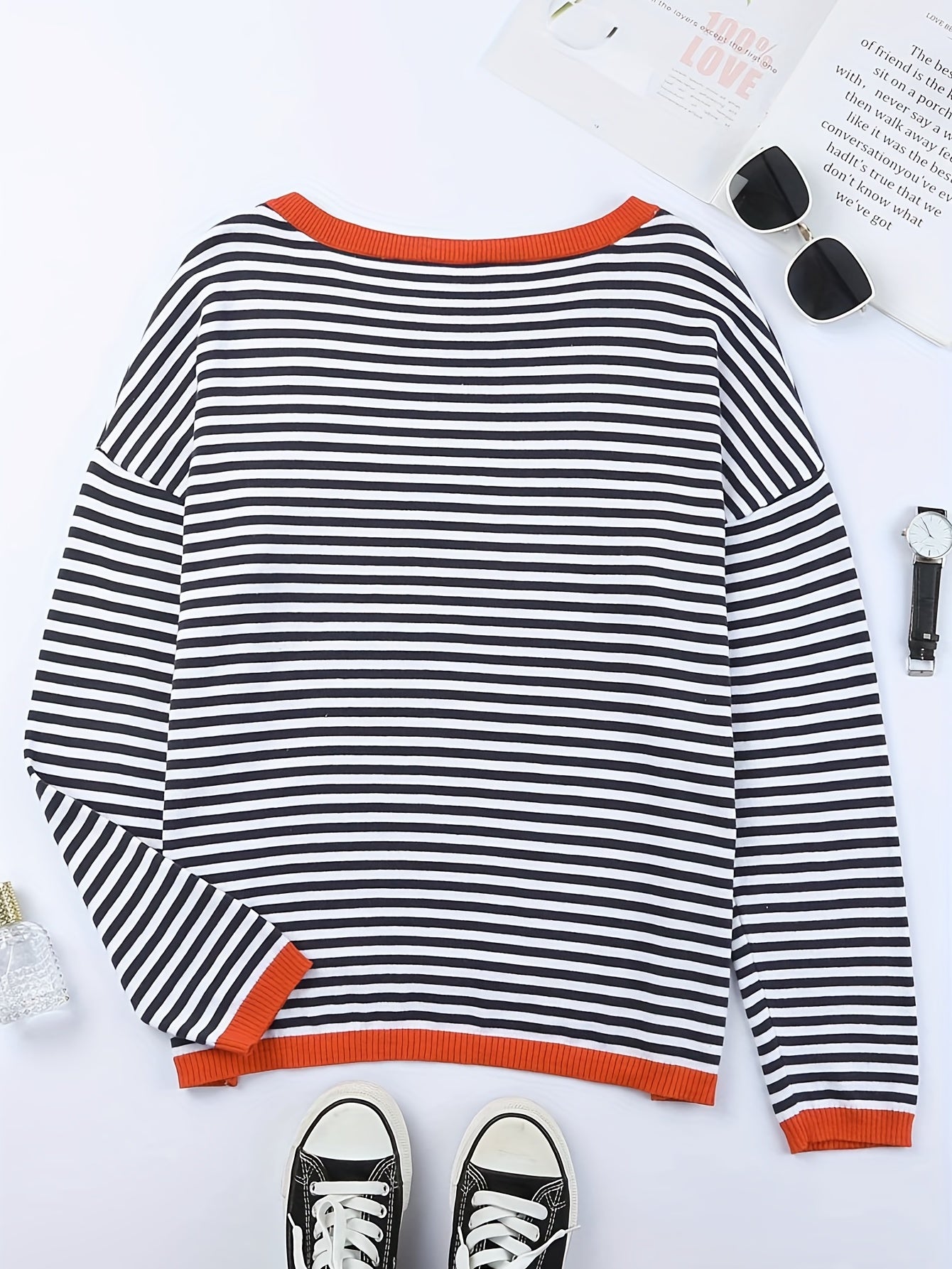 Striped Print Crew Neck Knit Sweater Long Sleeve