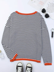 Striped Print Crew Neck Knit Sweater Long Sleeve