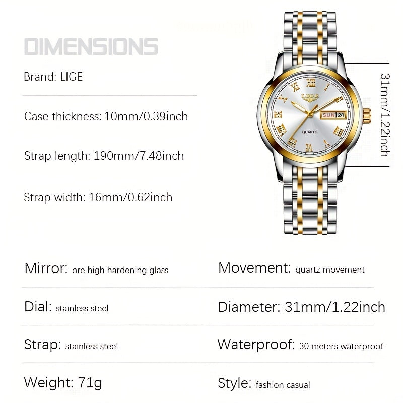 LIGE Golden Watch Ladies Steel Bracelet Waterproof Clock