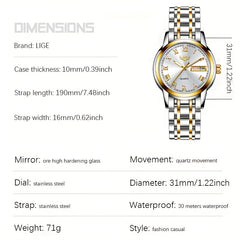 LIGE Golden Watch Ladies Steel Bracelet Waterproof Clock