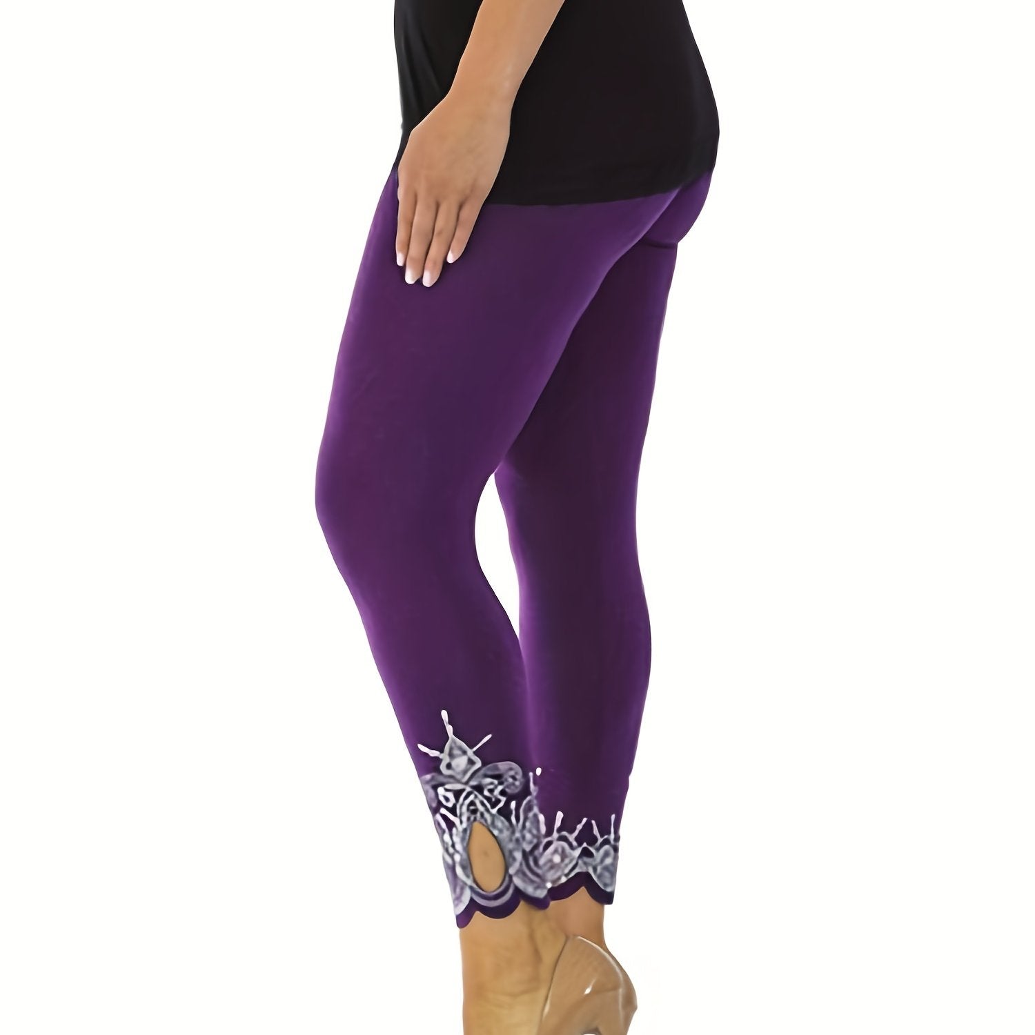 Plus Size Floral Print Cut Out Slim Fit Leggings