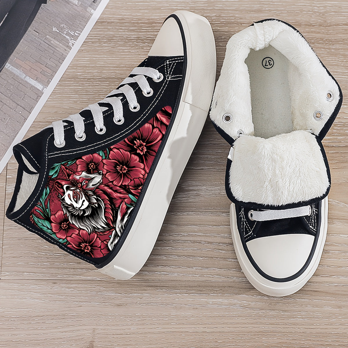 Flower Print Plush Lined Thermal Chunky Canvas Sneakers