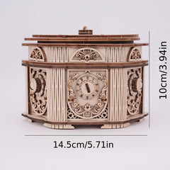 Vintage 3D Puzzle Music Box Layered Mechanical Intricate Carvings Beige Wooden