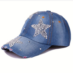 Rhinestone Pentagram Baseball Cap Ripped Distressed Cotton Dad Hat