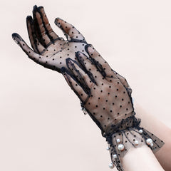 Faux Pearl Decor Mesh Short Gloves For Wedding Bridal