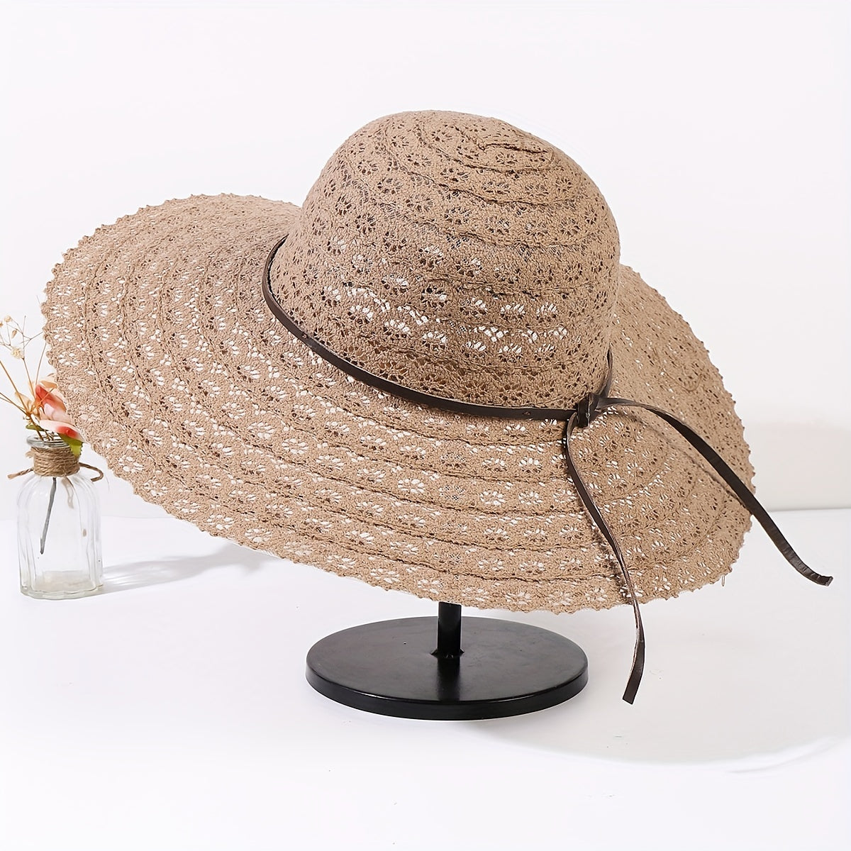 Striped Lace Sun Hat Wide Brim Hollow Straw UV Protection Travel Beach Hat