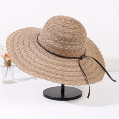 Striped Lace Sun Hat Wide Brim Hollow Straw UV Protection Travel Beach Hat