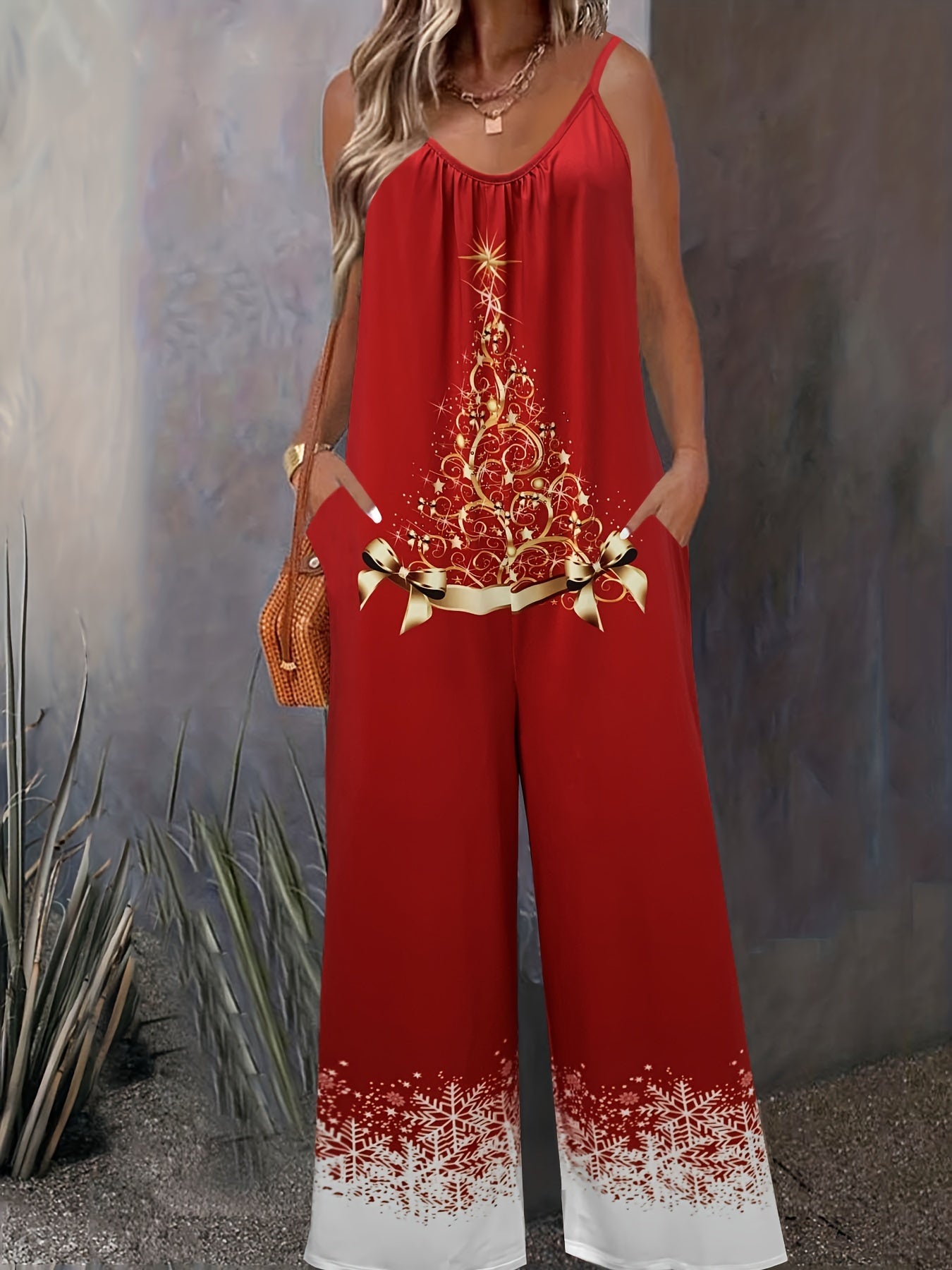 Tree Print V Neck Wide Leg Jumpsuit