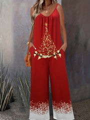 Tree Print V Neck Wide Leg Jumpsuit